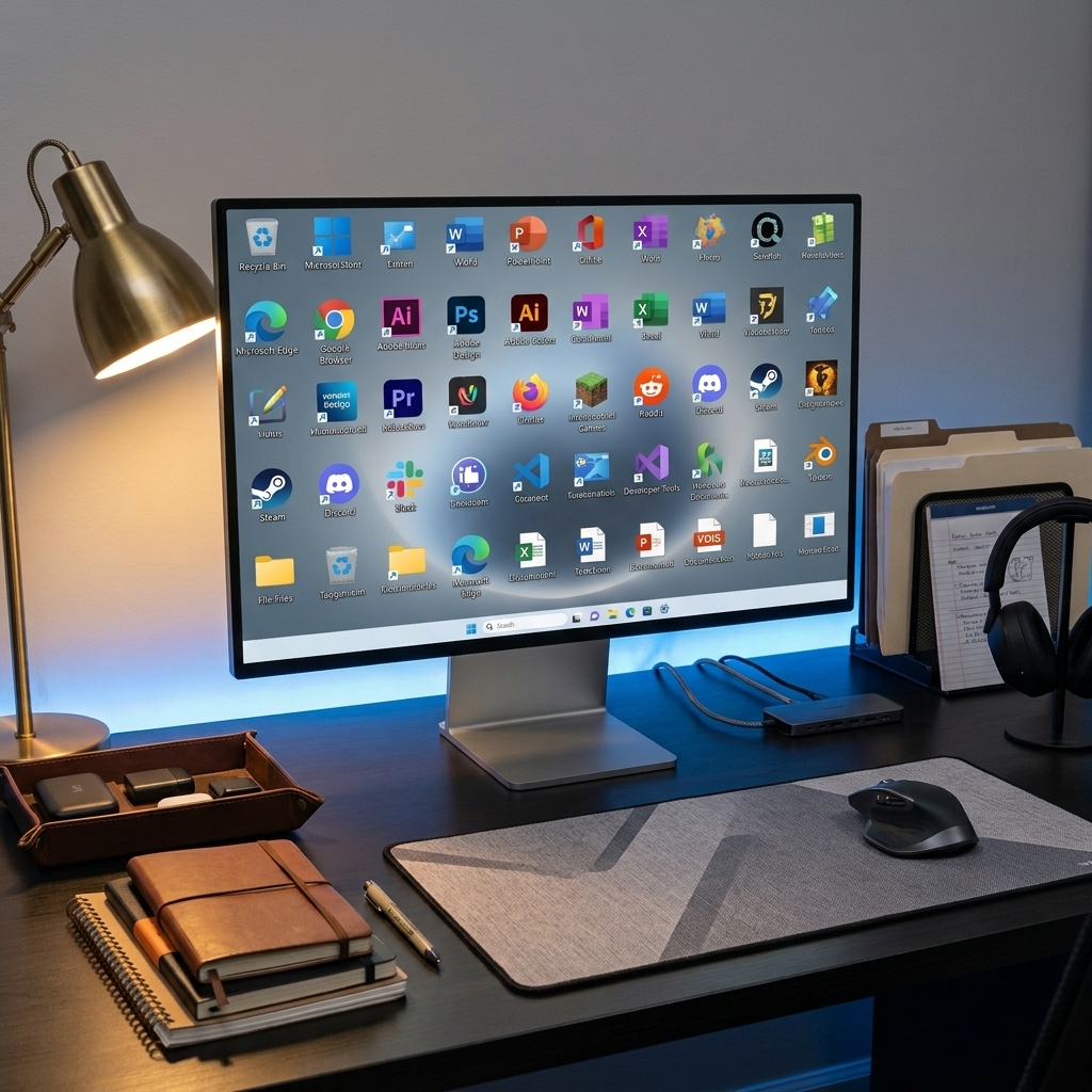 Monitor full of desktop shortcuts and icons